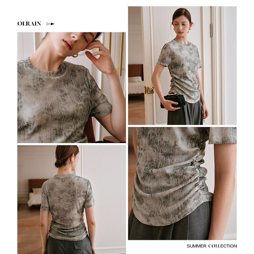 OLrain欧芮儿2025年夏季新款设计感网纱T恤圆领浪漫印花显瘦上衣 商品图1