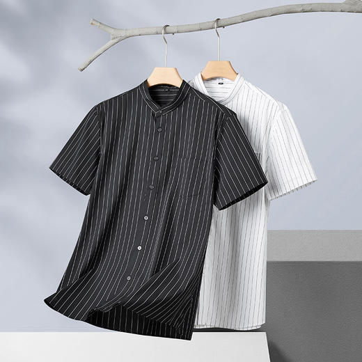 【棉质】【DM】大依优型大码立领条纹短袖衬衫加肥加大半袖衬衣男夏季薄款胖子休闲宽松上衣 商品图0