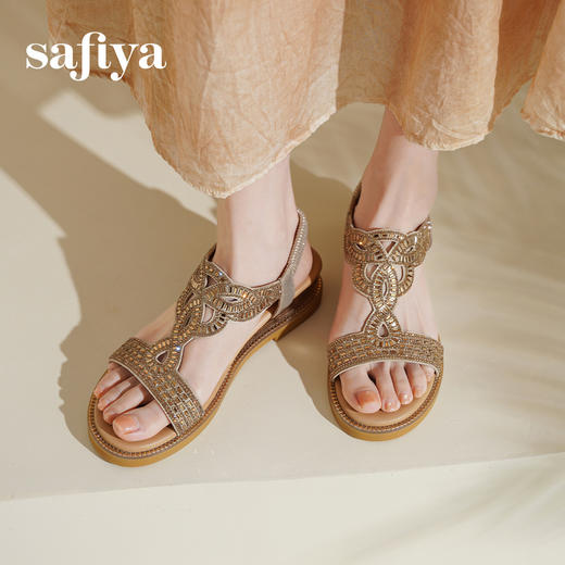 Safiya/索菲娅2025波西米亚水钻镂空休闲坡跟平底罗马度假凉鞋SFD2115348 商品图5