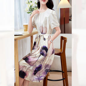 丁摩19姆米重磅弹力缎真丝连衣裙女短袖大码印花系带圆领桑蚕丝中长裙AL9036