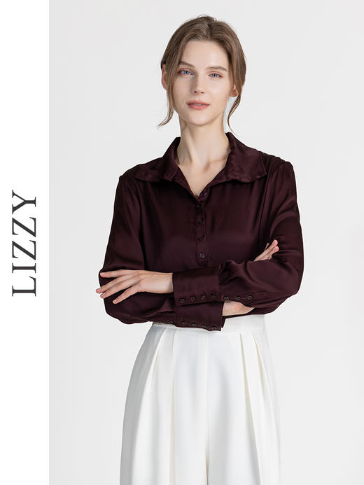 LIZZY早秋优雅名媛气质桑蚕丝纯色长袖立领衬衫8149 商品图1