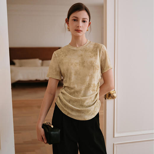 OLrain欧芮儿2025年夏季新款设计感网纱T恤圆领浪漫印花显瘦上衣 商品图2