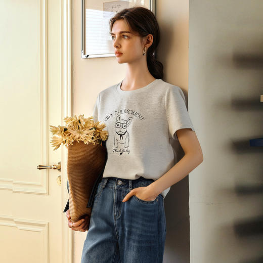 
OLrain欧芮儿灰色美式圆领T恤女夏季2025年新款字母印花休闲上衣 商品图2