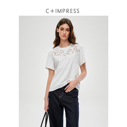 C+IMPRESS/西嘉长绒棉 镂空刺绣圆领T恤女夏新款简约百搭短袖上衣T2502049 商品图4
