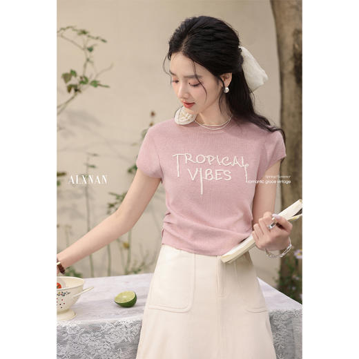 【6折秒杀】鹿向南「柔蔓诗章」粉色短袖T恤女夏季新款正肩独特漂亮好看上衣L55026 商品图2