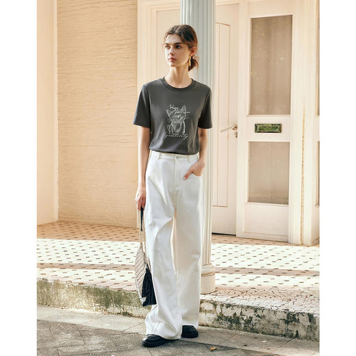 欧芮儿2025夏季新款小猫印花设计感短袖正肩T恤宽松圆领上衣女 商品图3