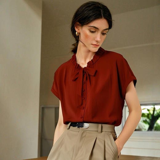 OLrain欧芮儿复古红色褶皱系带短袖衬衫女夏季2025年新款直筒上衣 商品图0