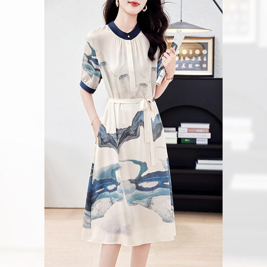 丁摩19姆米重磅斜纹绸真丝连衣裙女短袖大码印花系带桑蚕丝裙子AL9009 商品图1