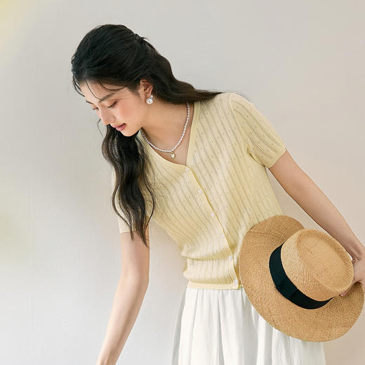 【严选】诗凡黎醋酸天丝镂空V领针织衫2025夏新款温柔慵懒风轻薄开衫7G4130641 商品图2