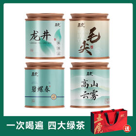 【一次尝遍四大绿茶】小金罐装四大绿茶组合送礼袋{龙井 高山云雾 毛尖 碧螺春} 425g 五虎 茶叶茶饮 自饮送人送长辈均可