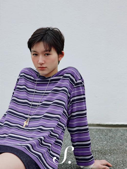 shyshystill/shy202411022/宽松棉质假两件双层撞色条纹圆领长袖 商品图1