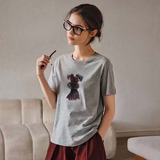 OLrain欧芮儿灰色设计感短袖T恤女夏季2025新款宽松印花刺绣上衣 商品图0