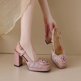 【预售5天】包头厚底花朵仙女凉鞋女真皮新款夏季拼色高跟粗跟百搭罗马鞋KMN&T12