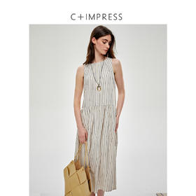 C+IMPRESS/西嘉醋酸亚麻 松弛感老钱风无袖连衣裙女条纹廓形a字裙LYQ2502008
