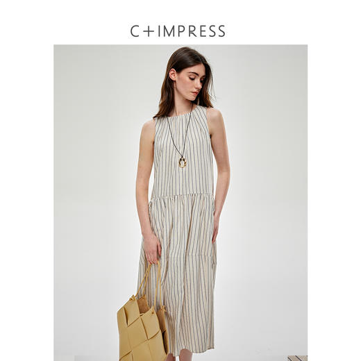 C+IMPRESS/西嘉醋酸亚麻 松弛感老钱风无袖连衣裙女条纹廓形a字裙LYQ2502008
 商品图0