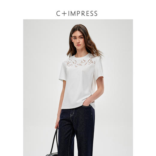 C+IMPRESS/西嘉长绒棉 镂空刺绣圆领T恤女夏新款简约百搭短袖上衣T2502049 商品图1