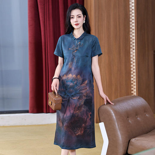 丁摩香云纱夏季短袖真丝旗袍连衣裙宽松大码过膝中长裙子AL221875 商品图5