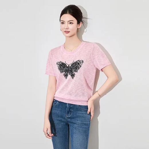 【高货wl】全新升级【铂金会员165/天猫219/差价54】(03052) 洛诗琳时髦简约上衣夏季天丝亚麻蝴蝶珠片绣花针织上衣 商品图2