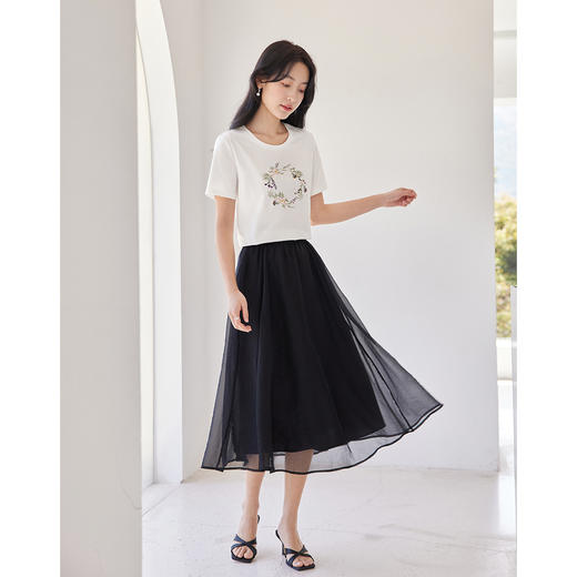 【专属特价】熙世界休闲棉质圆领正肩t恤夏季2025新款清新刺绣短袖体恤上衣 商品图6