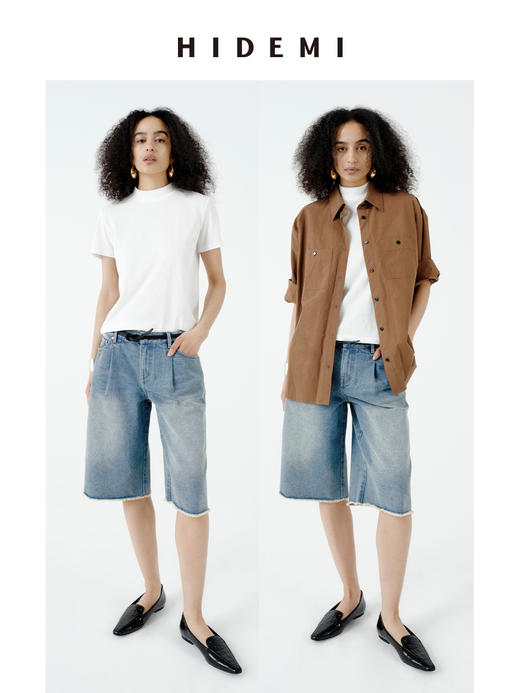 HIDEMI 都市单宁系列多重水洗毛边做旧感牛仔中裤短裤 商品图3