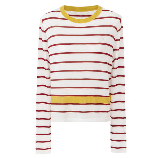 【笑脸衣橱】SELFWHO醋酸棉混纺撞色条纹针织长袖t恤女2025夏新款圆领宽松上衣 商品图4