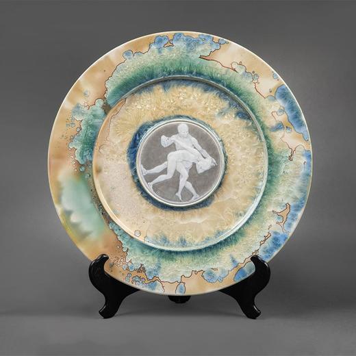 独角鹿西洋古董 1914年代法国御窑出品画师Henri BOUCHÉ-LECLERCQ签名创作亚当与夏娃主题结晶釉堆白瓷盘 商品图0