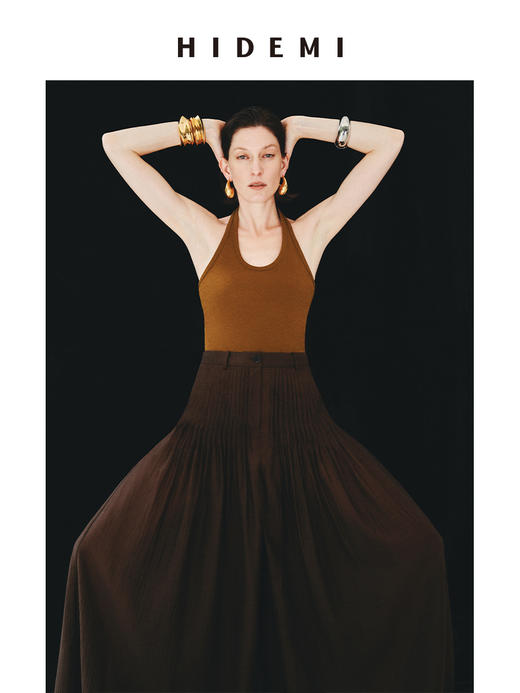 HIDEMI进口醋酸纱线色织混纺半手工打缆高腰设计感压褶工艺裙裤阔腿裤 乌木棕/杏仁绿 商品图3