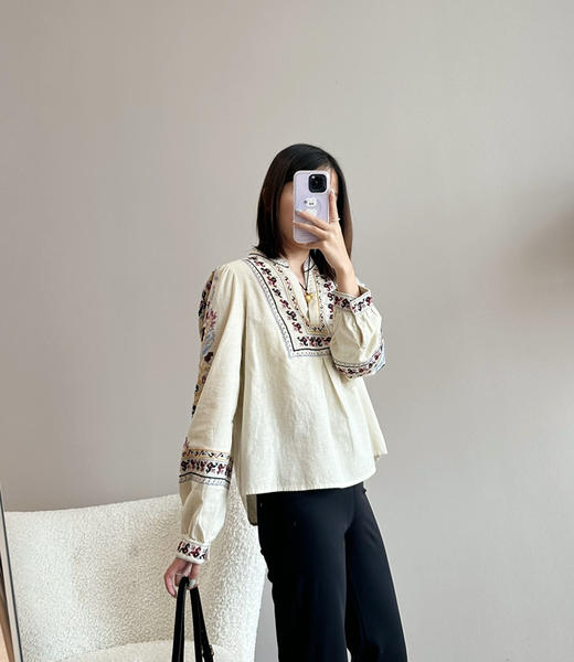 b@sh法式印花V领民族风棉亚麻混纺衬衫040803 商品图8