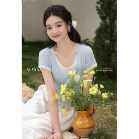 【65折秒杀】鹿向南「南法假日」浅蓝色假两件针织衫女士夏日新款时尚通勤上衣L55007