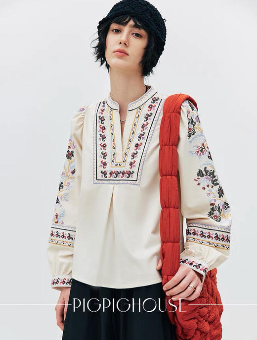 b@sh法式印花V领民族风棉亚麻混纺衬衫040803 商品图1