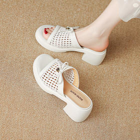 【预售5天】6CM拖鞋女夏外穿新款镂空编织半拖鞋蝴蝶结白色真皮一字拖鞋MLJ&C126