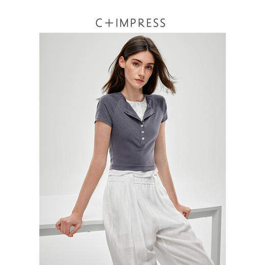 C+IMPRESS/西嘉兰精天丝醋酸 浅春系假两件亨利领短袖T恤女夏上衣T2502011
 商品图1