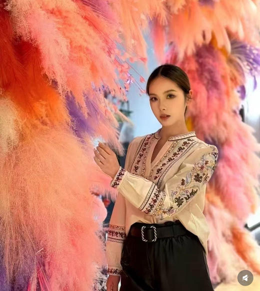 b@sh法式印花V领民族风棉亚麻混纺衬衫040803 商品图0