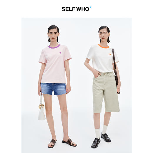 【笑脸衣橱】SELFWHO笑脸衣橱精梳棉撞色短袖T恤女2025夏新款宽松圆领落肩上衣 商品图1