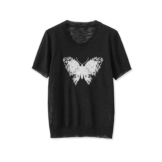 【高货wl】全新升级【铂金会员165/天猫219/差价54】(03052) 洛诗琳时髦简约上衣夏季天丝亚麻蝴蝶珠片绣花针织上衣 商品图4