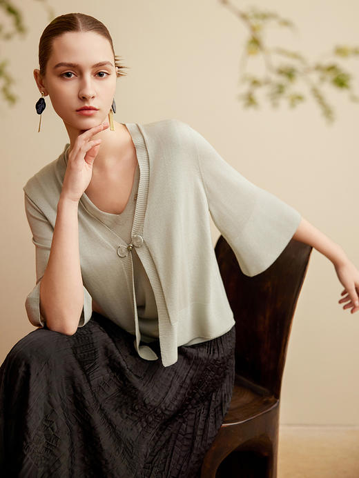 【一粒扣V领小开衫】25年春夏新品女士短款针织开衫时尚七分袖小外套 商品图1