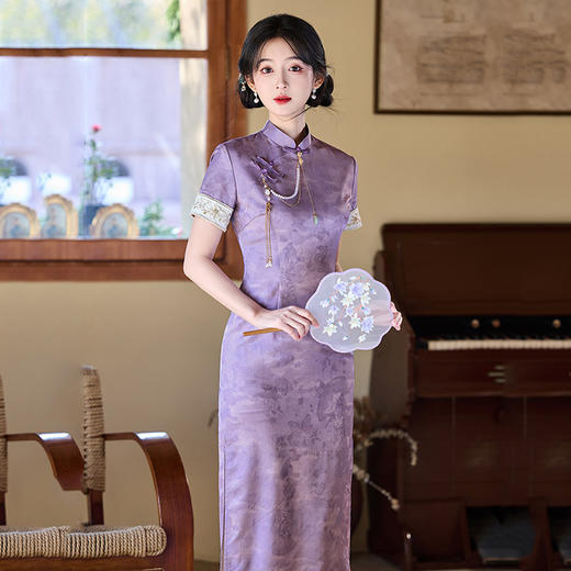 紫色送考中式绝美长款改良旗袍2025新款女复古修身短袖走秀春夏季旗袍ZA&SC20645 商品图4