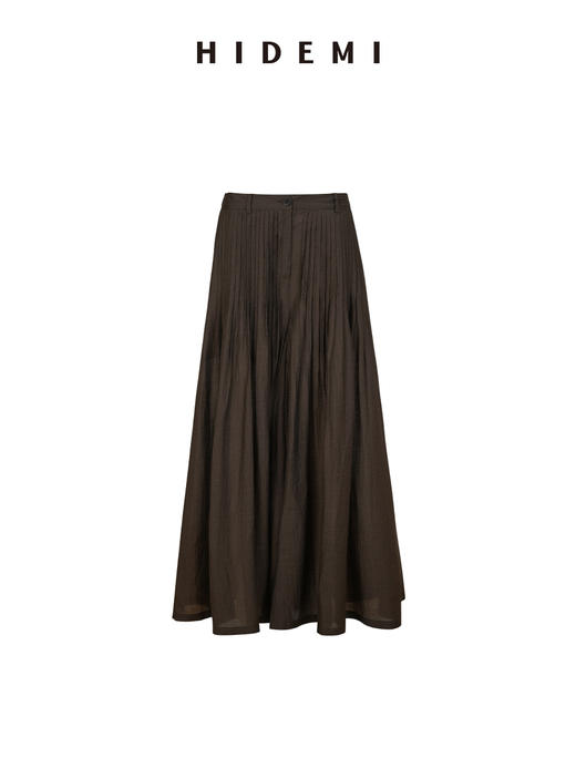 HIDEMI进口醋酸纱线色织混纺半手工打缆高腰设计感压褶工艺裙裤阔腿裤 乌木棕/杏仁绿 商品图4
