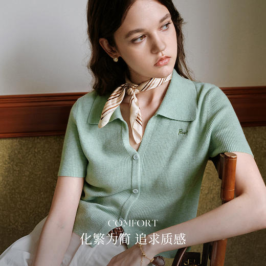 OLrain欧芮儿绿色POLO领简约通勤毛针织套头衫夏季2025新款女上衣 商品图2