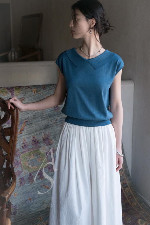 Margaret Howell  海蓝色/白色意大利棉麻翻领针织上衣 商品图0