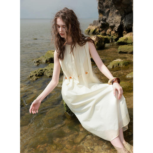 三彩2025夏季新款法式背心裙莱赛尔连衣裙圆领串珠腰绳长裙M 商品图3