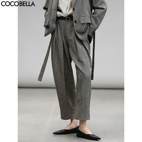 COCOBELLA提花人字纹老钱风奶奶裤手工立体双褶休闲裤PA7037