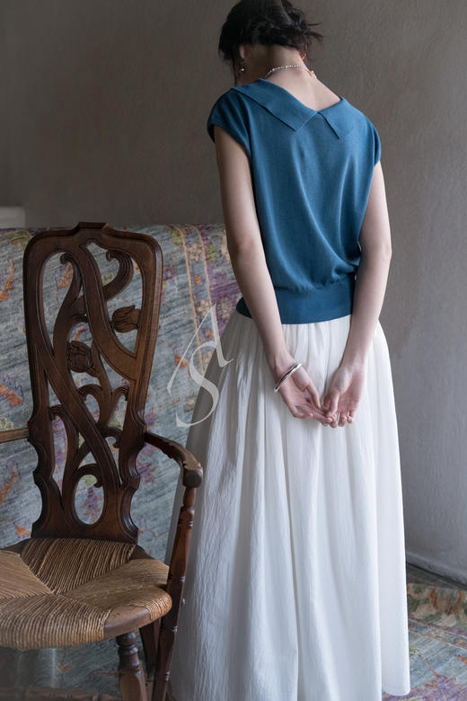 Margaret Howell  海蓝色/白色意大利棉麻翻领针织上衣 商品图3