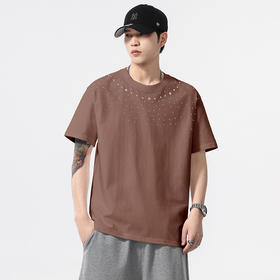 【100%棉】【DQ】大依优型大码男装240g重磅短袖T恤圆领宽松潮牌个性烫钻半袖上衣男士夏季新品