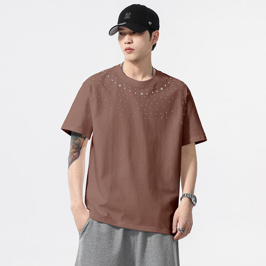 【100%棉】【DQ】大依优型大码男装240g重磅短袖T恤圆领宽松潮牌个性烫钻半袖上衣男士夏季新品 商品图0