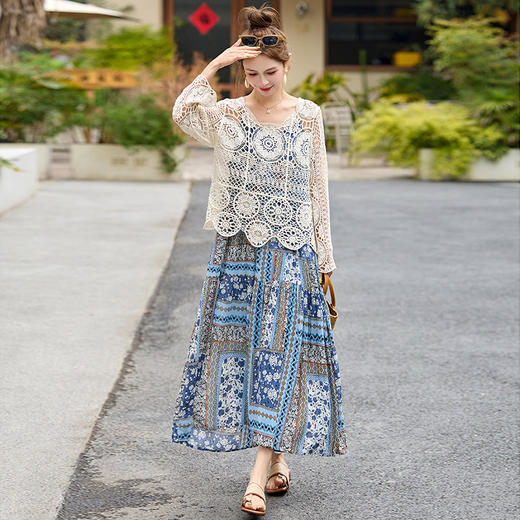 波西米亚复古度假吊带长裙套装女2025夏季防晒镂空罩衫超仙两件套HR-MYL2522 商品图1