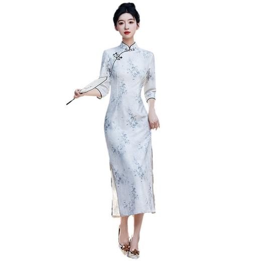 2025春季中国风牛奶丝提花长款水墨竹叶旗袍MLS6976 商品图4