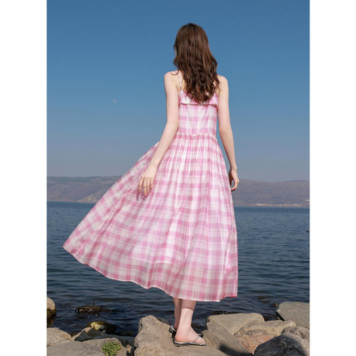 三彩2025夏季新款格纹吊带裙莱赛尔连衣裙收腰A字裙长裙甜美M 商品图3