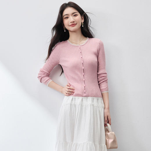 【内购】【云朵衫】优雅通勤拼接蕾丝圆领长袖弹力针织衫-W51H80413 商品图2