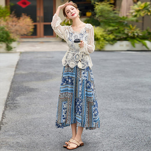 波西米亚复古度假吊带长裙套装女2025夏季防晒镂空罩衫超仙两件套HR-MYL2522 商品图0